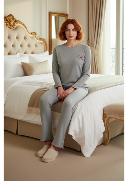 Kadın Melanj Nakışlı Bisiklet Yaka Pijama Takımı Fonksiyonel Dayanıklı Kaliteli Konforlu Şık fiyatları