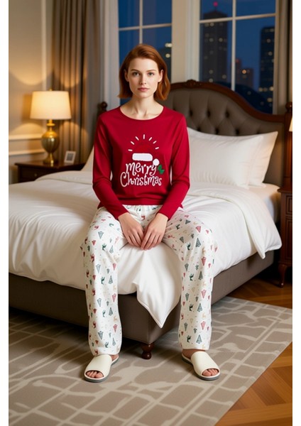 Kadin Kirmizi Yılbaşı Desenli Pamuk Polyester Pijama Fonksiyonel Dayanıklı Kaliteli Modern