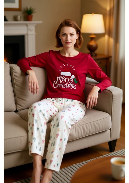 Kadin Kirmizi Yılbaşı Desenli Pamuk Polyester Pijama Fonksiyonel Dayanıklı Kaliteli Modern modelleri