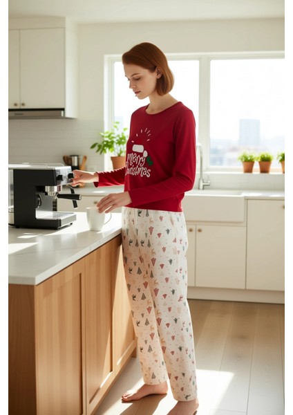 Kadin Kirmizi Yılbaşı Desenli Pamuk Polyester Pijama Fonksiyonel Dayanıklı Kaliteli Modern fırsatları