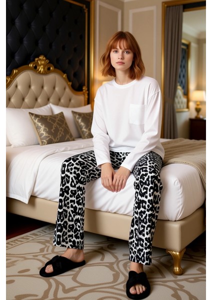 Kadın Uzun Kollu Bisiklet Yaka Leopar Desenli Pijama Takımı Fonksiyonel Dayanıklı Kaliteli