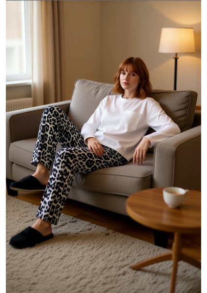 Kadın Uzun Kollu Bisiklet Yaka Leopar Desenli Pijama Takımı Fonksiyonel Dayanıklı Kaliteli fırsatları