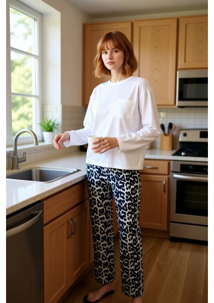 Kadın Uzun Kollu Bisiklet Yaka Leopar Desenli Pijama Takımı Fonksiyonel Dayanıklı Kaliteli indirimleri