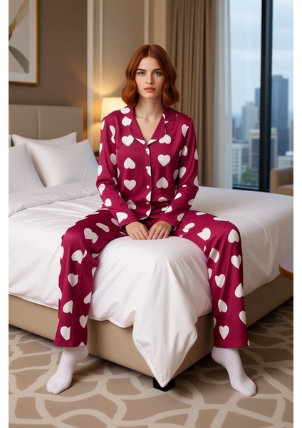 Kadın Mürdüm Kalpli Pijama Takımı Gömlek ve Pantolon Fonksiyonel Dayanıklı Kaliteli Modern fiyatları