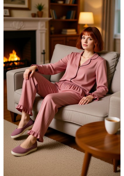 Kadın Volanlı Gömlek Yaka Pijama Takımı Fonksiyonel Dayanıklı Kaliteli Konforlu Estetik Şık fırsatları