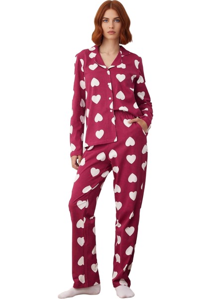 Kadın Mürdüm Kalpli Pijama Takımı Gömlek ve Pantolon Fonksiyonel Dayanıklı Kaliteli Modern modelleri