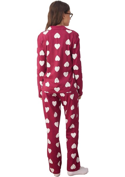 Kadın Mürdüm Kalpli Pijama Takımı Gömlek ve Pantolon Fonksiyonel Dayanıklı Kaliteli Modern fırsatları