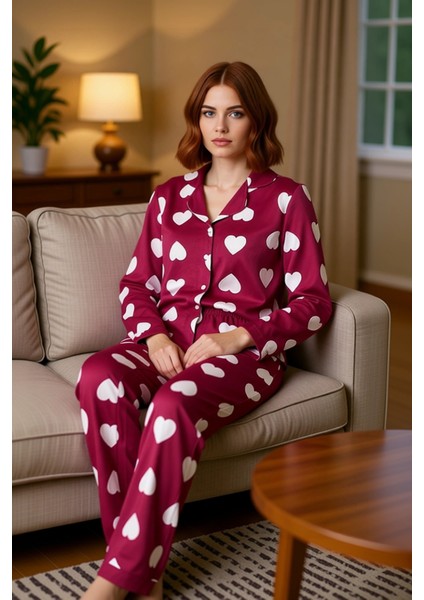 Kadın Mürdüm Kalpli Pijama Takımı Gömlek ve Pantolon Fonksiyonel Dayanıklı Kaliteli Modern indirimleri