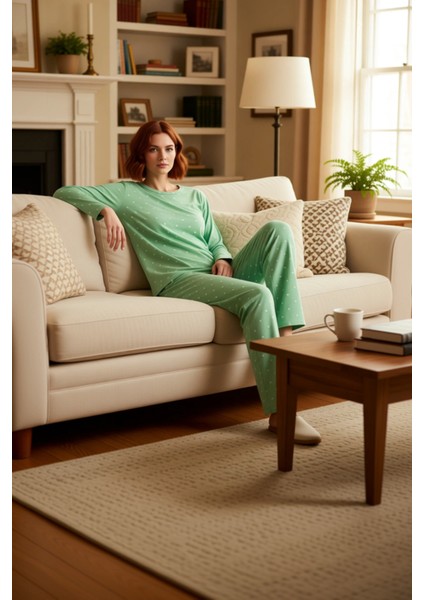 Kadın Puantiye ve Kalp Baskılı Örme Pijama Takımı Fonksiyonel Dayanıklı Kaliteli Konforlu Şık modelleri