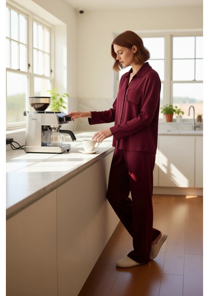 Kadın Mürdüm Viskon Dokuma Gömlek ve Pantolon Pijama Seti Fonksiyonel Dayanıklı Kaliteli Şık