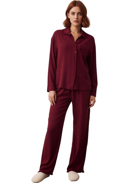 Kadın Mürdüm Viskon Dokuma Gömlek ve Pantolon Pijama Seti Fonksiyonel Dayanıklı Kaliteli Şık modelleri