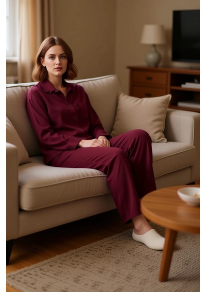 Kadın Mürdüm Viskon Dokuma Gömlek ve Pantolon Pijama Seti Fonksiyonel Dayanıklı Kaliteli Şık indirimleri