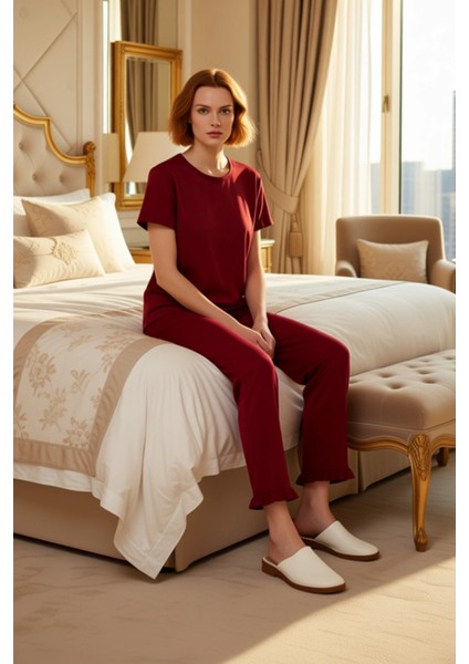 Kadın Kisa Kollu Pijama Seti Fircali Detay Fonksiyonel Dayanıklı Kaliteli Konforlu Estetik