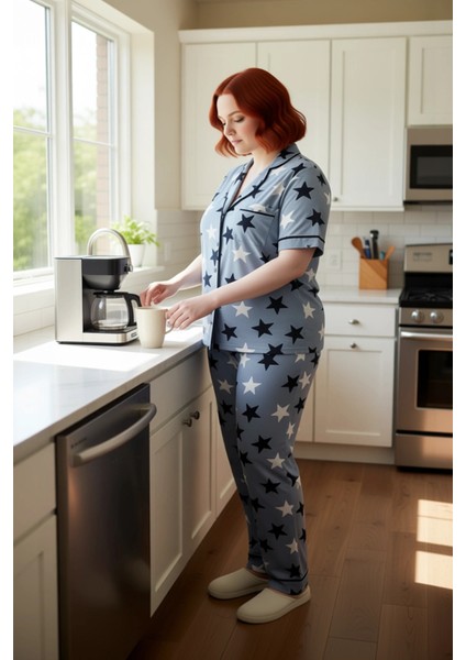 Kadin Yıldız Desenli Pijama Gömlek Pantolon Takımı Fonksiyonel Dayanıklı Kaliteli Konforlu