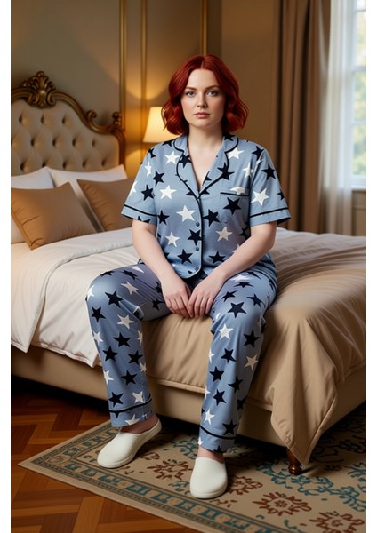 Kadin Yıldız Desenli Pijama Gömlek Pantolon Takımı Fonksiyonel Dayanıklı Kaliteli Konforlu fiyatları