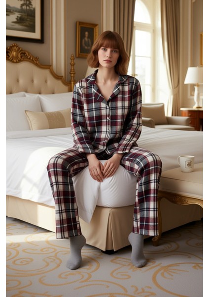 Kadın Flanel Ekose Pijama Takımı Gömlek Yaka Uzun Kollu Fonksiyonel Dayanıklı Kaliteli Şık