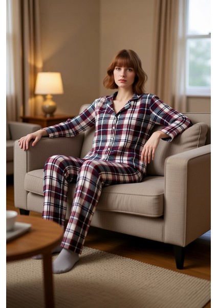 Kadın Flanel Ekose Pijama Takımı Gömlek Yaka Uzun Kollu Fonksiyonel Dayanıklı Kaliteli Şık fırsatları
