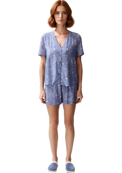 Kadın Galaksi Baskılı Viskon Pijama Takımı Gömlek ve Şort Fonksiyonel Dayanıklı Kaliteli Şık fiyatları