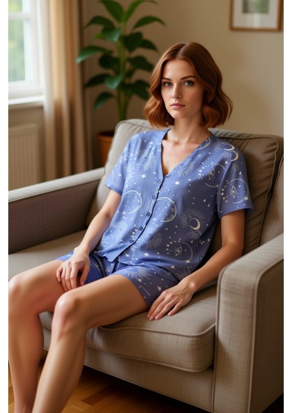 Kadın Galaksi Baskılı Viskon Pijama Takımı Gömlek ve Şort Fonksiyonel Dayanıklı Kaliteli Şık modelleri