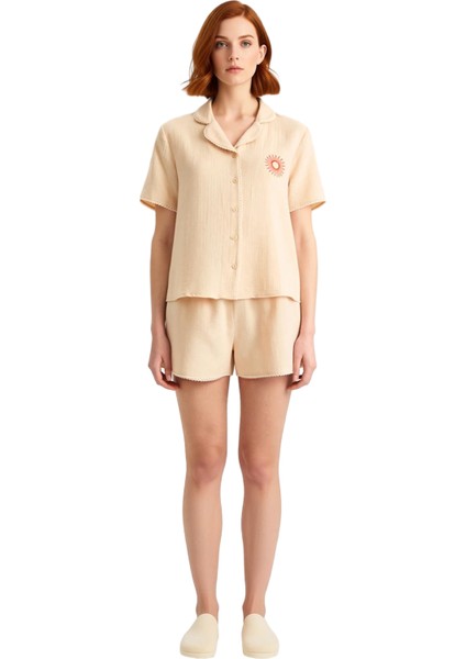 Kadın Gömlek Yaka Nakışlı Müslin Pijama Takımı Kısa Kollu Şortlu Fonksiyonel Dayanıklı Şık fiyatları