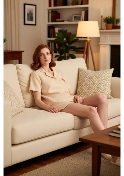 Kadın Gömlek Yaka Nakışlı Müslin Pijama Takımı Kısa Kollu Şortlu Fonksiyonel Dayanıklı Şık fırsatları