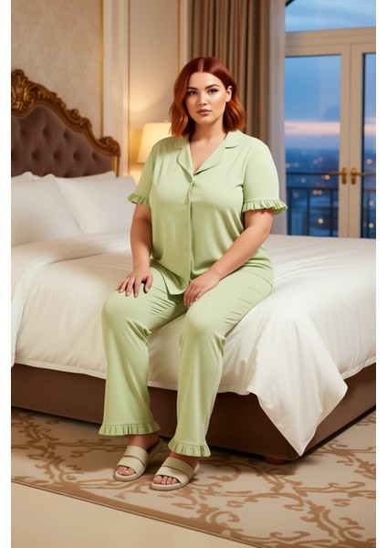 Kadın Fırfırlı Detaylı Gömlek Yaka Pijama Takımı Fonksiyonel Dayanıklı Kaliteli Konforlu Şık fiyatları