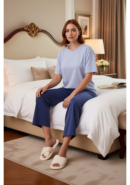 Kadın Relaxed Fit Örme Kapri Pijama Takımı Fonksiyonel Dayanıklı Kaliteli Konforlu Estetik