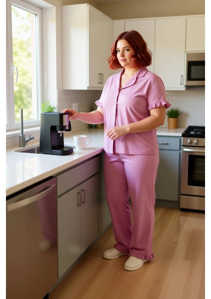 Kadın Fırfırlı Detaylı Gömlek Yaka Pijama Takımı Fonksiyonel Dayanıklı Kaliteli Konforlu Şık