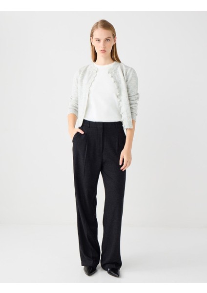 Antrasit Yüksek Bel Bol Paça Dokuma Pantolon