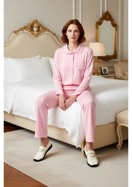 Kadın Gömlek Yaka Fırfırlı Cep Viskon Pijama Takımı Fonksiyonel Dayanıklı Kaliteli Estetik
