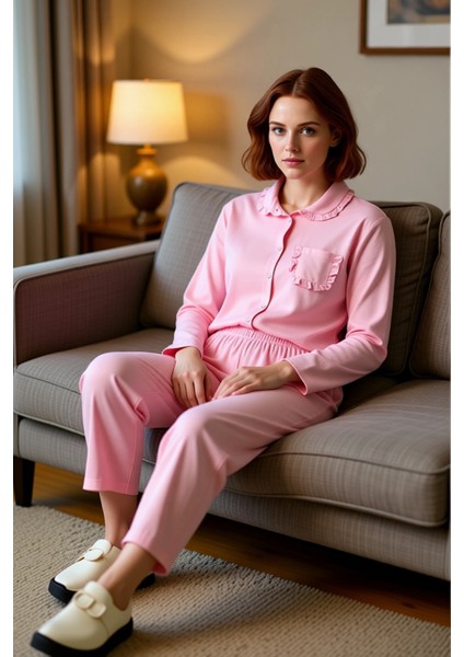 Kadın Gömlek Yaka Fırfırlı Cep Viskon Pijama Takımı Fonksiyonel Dayanıklı Kaliteli Estetik modelleri