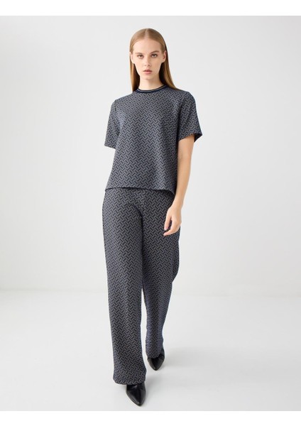 Lacivert Normal Paça Normal Bel Desenli Örme Pantolon