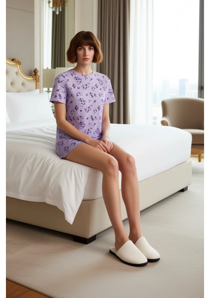 Kadın Çiçekli Örme Pijama Takımı Bisiklet Yaka Şortlu Fonksiyonel Dayanıklı Kaliteli Rahat