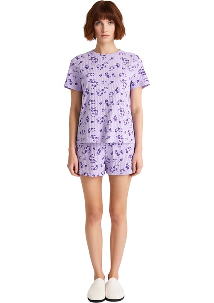 Kadın Çiçekli Örme Pijama Takımı Bisiklet Yaka Şortlu Fonksiyonel Dayanıklı Kaliteli Rahat fiyatları