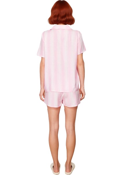 Kadın Çizgili Viskon Pijama Takımı Gömlek Şort Fonksiyonel Dayanıklı Kaliteli Konforlu Şık modelleri