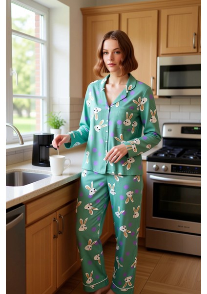 Kadın Uzun Kollu Tavşan Desenli Viskon Pijama Takımı Fonksiyonel Dayanıklı Kaliteli Modern