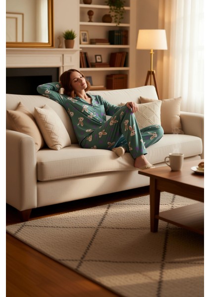 Kadın Uzun Kollu Tavşan Desenli Viskon Pijama Takımı Fonksiyonel Dayanıklı Kaliteli Modern fırsatları