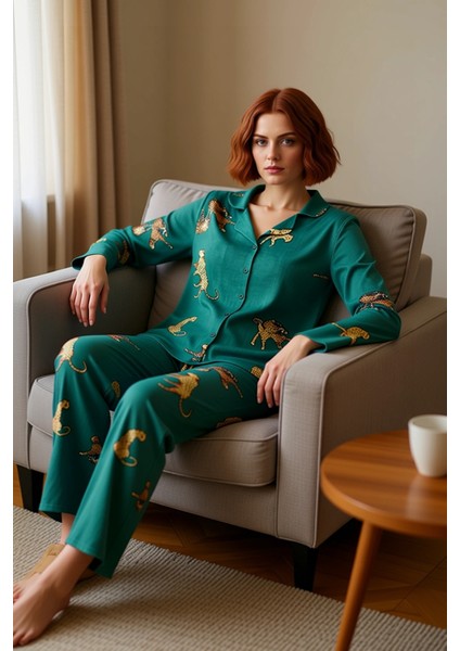 Kadın Kaplan Desenli Gömlek ve Pantolon Pijama Takımı Fonksiyonel Dayanıklı Kaliteli Rahat
