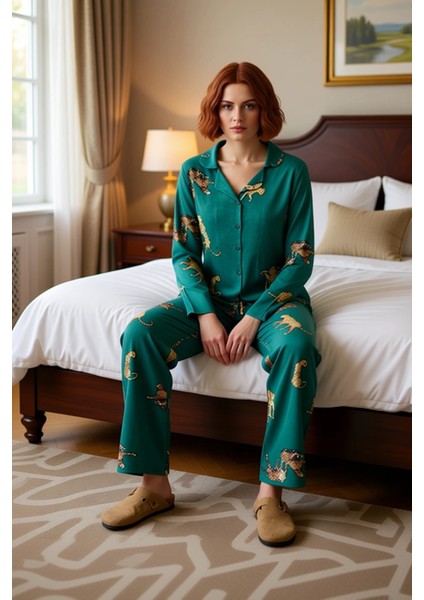 Kadın Kaplan Desenli Gömlek ve Pantolon Pijama Takımı Fonksiyonel Dayanıklı Kaliteli Rahat modelleri