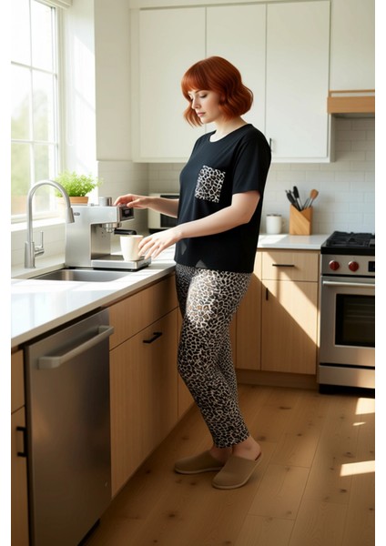 Kadın Leopar Desenli Bisiklet Yaka Pamuklu Pijama Takımı Fonksiyonel Dayanıklı Kaliteli Şık fiyatları