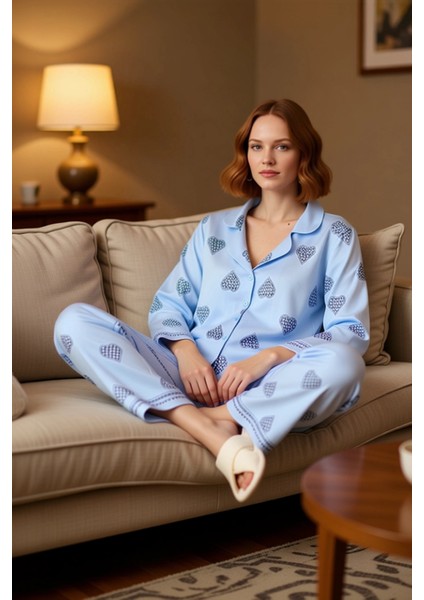 Kalp Desenli Viskon Gömlek Pijama Takımı Kadın Fonksiyonel Dayanıklı Kaliteli Konforlu Şık