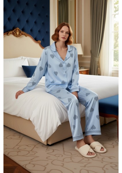 Kalp Desenli Viskon Gömlek Pijama Takımı Kadın Fonksiyonel Dayanıklı Kaliteli Konforlu Şık modelleri