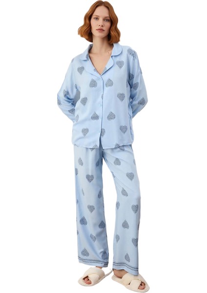 Kalp Desenli Viskon Gömlek Pijama Takımı Kadın Fonksiyonel Dayanıklı Kaliteli Konforlu Şık fırsatları