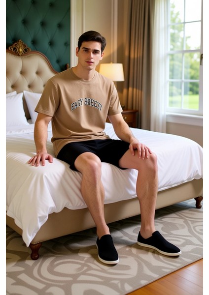 Erkek Waffle Dokulu Sloganlı Bisiklet Yaka Pijama Takımı Fonksiyonel Dayanıklı Kaliteli Şık