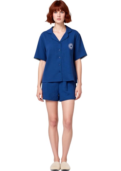 Kadın Gömlek Yaka Nakışlı Müslin Pijama Takımı Kısa Kollu Şortlu Fonksiyonel Dayanıklı Şık fiyatları