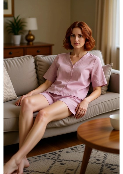 Kadın Müslin V Yaka Gömlek ve Şort Pijama Takımı Fonksiyonel Dayanıklı Kaliteli Konforlu Şık indirimleri
