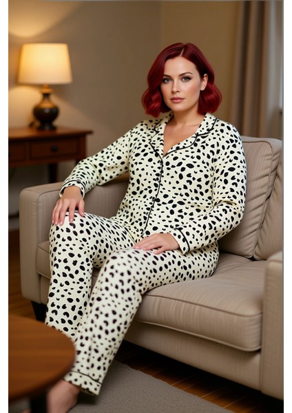 Benekli Gömlek Yaka Pijama Takımı Kadın Fonksiyonel Dayanıklı Kaliteli Konforlu Estetik Şık