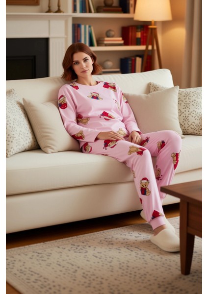 Kadin Ayiciikli Yılbaşı Temali Pijama Takımı Fonksiyonel Dayanıklı Kaliteli Konforlu Rahat