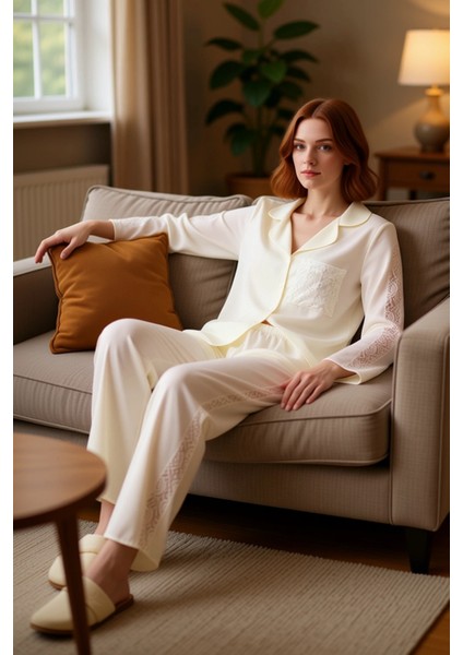 Kadın Viskon Dokuma Gömlek Yaka Pijama Takımı Zarif Dantel Detaylı Fonksiyonel Dayanıklı Şık