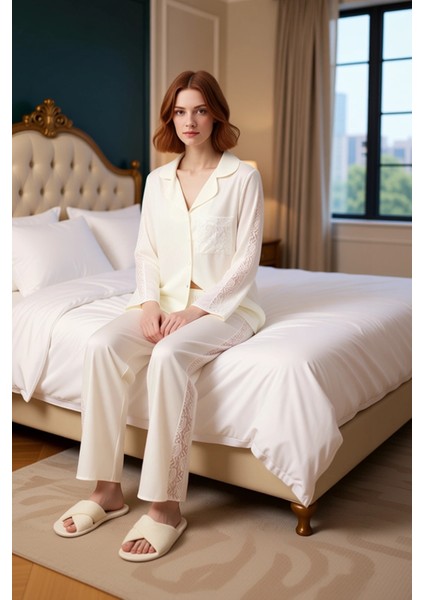 Kadın Viskon Dokuma Gömlek Yaka Pijama Takımı Zarif Dantel Detaylı Fonksiyonel Dayanıklı Şık modelleri
